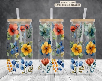 Colorful flowers 16oz glass can sublimation design-frosted-clear Libbey beer Glass can sublimation wrap- PNG Digital Instant download.
