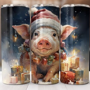 Cute Christmas Pink Pig tumbler sublimation wrap, straight pattern & tapered, 20 oz Skinny Tumbler Sublimation Design, Digital Download PNG.