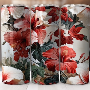 Red hibiscus flowers tumblers sublimation wrap-straight & tapered pattern-20 oz Skinny Tumbler Sublimation Design-Digital Download PNG.
