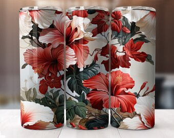 Red hibiscus flowers tumblers sublimation wrap-straight & tapered pattern-20 oz Skinny Tumbler Sublimation Design-Digital Download PNG.