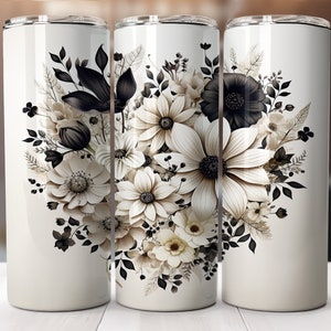 Envoltório de copo de dia dos namorados com coração de flor preto e branco, padrão reto e cônico-20 onças Skinny Tumbler Sublimation Design-Digital Download PNG.