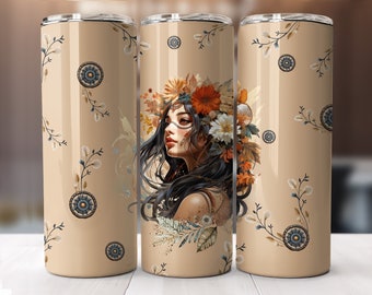 Girl with flowers boho style tumbler wrap, straight pattern & tapered, 20 oz Skinny Tumbler Sublimation Design, Digital Download PNG.