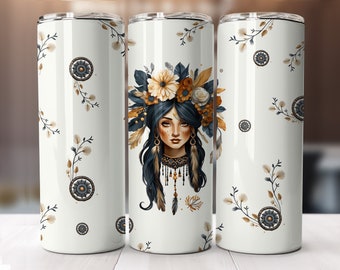 Girl with flowers crown boho style tumbler wrap, straight pattern & tapered, 20 oz Skinny Tumbler Sublimation Design, Digital Download PNG.