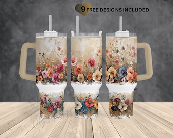 Boho flower painting-romantic floral 40oz Quencher-Tumbler with handle sublimation design Png Wrap-INSTANT DOWNLOAD-straight/tapered Bottom.