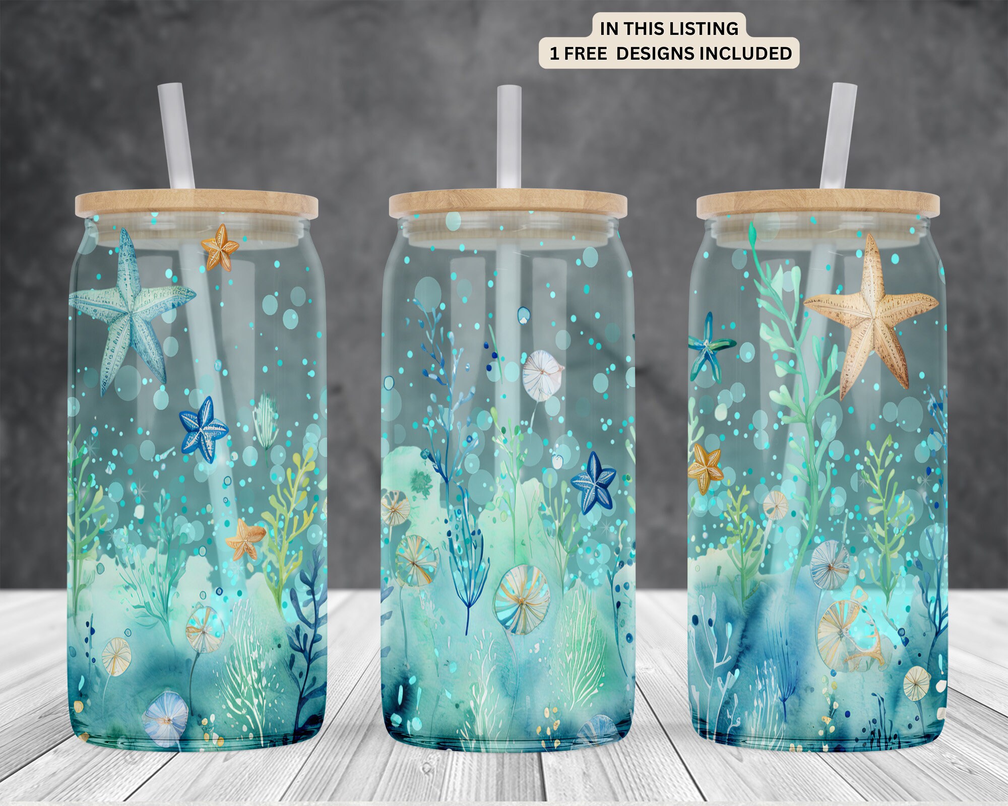 Deep ocean 16oz glass can sublimation watercolor design Png file-frosted-clear Libbey beer Glass can wrap PNG Digital Instant download.
