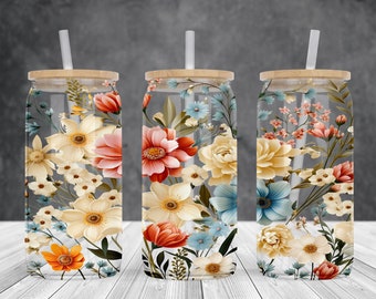 Floral-flowers 16oz glass can sublimation watercolor design-frosted-clear Glass can wrap PNG Digital Instant download.