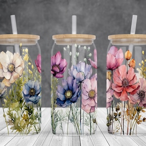 Wildflowers 16oz glass can sublimation watercolor design-frosted-clear Glass can wrap PNG Digital Instant download.