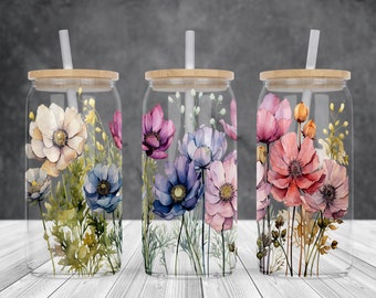 Wildflowers 16oz glass can sublimation watercolor design-frosted-clear Glass can wrap PNG Digital Instant download.