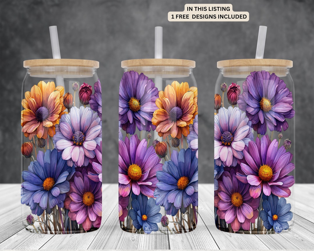 Colorful Flowers 16oz Glass Can Sublimation Watercolor Design-frosted ...