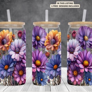 Bunte Blumen 16oz Glasdose Sublimationsaquarell Design-frosted-klare Glasdose PNG Digital Sofortdownload einwickeln.