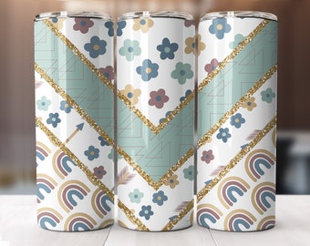 Retro hippy rainbow-flowers style tumbler wrap, straight & tapered pattern, 20 oz Skinny Tumbler Sublimation Design, Digital Download PNG.