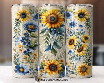 Sunflowers blue flowers 20oz tumblers sublimation wrap Png straight tapered pattern 20oz Skinny Tumbler Design Digital Download PNG.