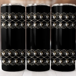 Elegant black 20oz Skinny Tumbler with pearls design-straight pattern & tapered-Tumbler Sublimation Design-Digital Download PNG.