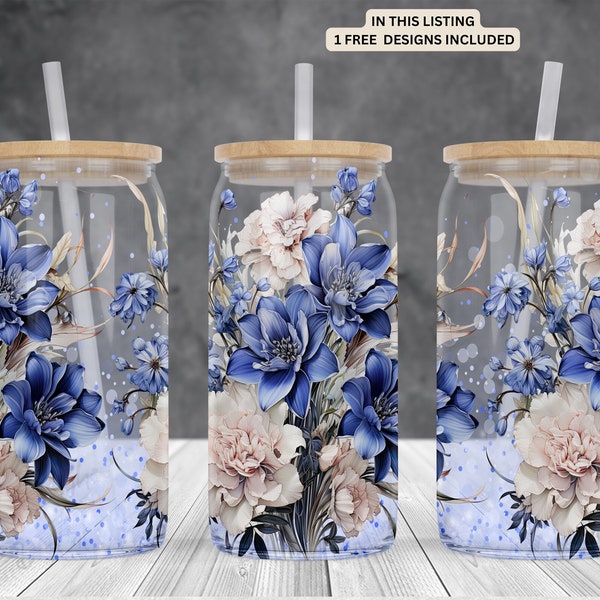 Dark blue roses-flowers 16oz glass can sublimation watercolor design-frosted-clear Libbey beer Glass can wrap PNG Digital Instant download.