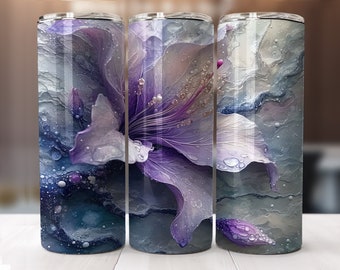 Gotas de agua flores moradas 20oz Skinny Tumbler Sublimation Design Wrap Png-recto-Diseño cónico-Descarga digital instantánea PNG SOLAMENTE.