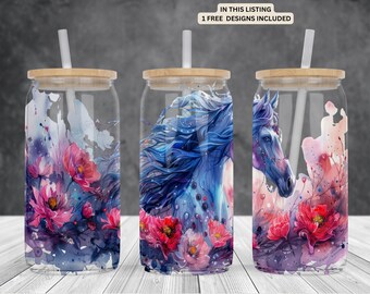Fantasy Blue horse 16oz glass can sublimation watercolor design-frosted-clear clear Libbey Glass can wrap-PNG Digital Instant download.