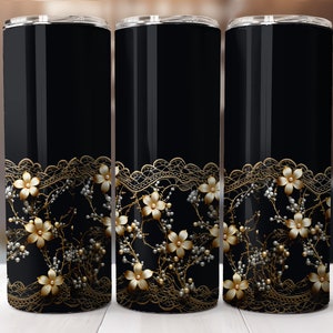 Elegant black 20oz Skinny Tumbler with golden flowers design-straight pattern & tapered-Tumbler Sublimation Design-Digital Download PNG.