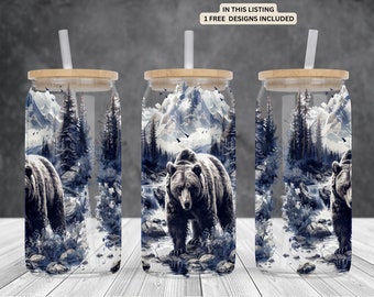 Wild mountain Bear wild animals 16oz glass can sublimation watercolor design frosted clear Glass can wrap PNG Digital Instant download.