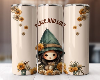 Peace and love flower girl boho style tumbler wrap-straight pattern & tapered-20 oz Skinny Tumbler Sublimation Design-Digital Download PNG.