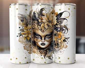 Mardi Gras New Orleans Party mask 20oz Skinny Tumbler Sublimation Design Digital Download PNG-straight & tapered pattern-Tumbler Wraps.