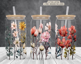 Wildflowers 16oz glass can sublimation watercolor design-frosted-clear Glass can wrap PNG Digital Instant download.