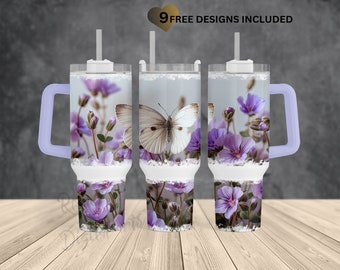 Purple floral-butterfly 40oz Quencher wrap-Tumbler with handle sublimation design Png Wrap-INSTANT DOWNLOAD-straight/tapered Bottom.