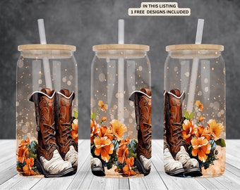Western boots with flowers 16oz glass can sublimation design-frosted-clear Libbey beer Glass can wrap- PNG Digital Instant download.