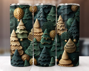 Pode incluir: Três copos de aço inoxidável com um padrão de árvore de Natal. As árvores são verdes e douradas e têm um aspeto 3D, em camadas.