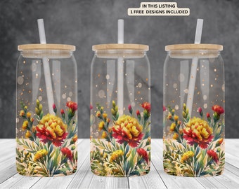 Statice flowers-floral 16oz glass can sublimation watercolor design-frosted-clear Libbey beer Glass can wrap PNG Digital Instant download.