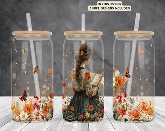 Book reader-Flowers 16oz glass can sublimation watercolor design-frosted-clear Libbey beer Glass can wrap PNG Digital Instant download.