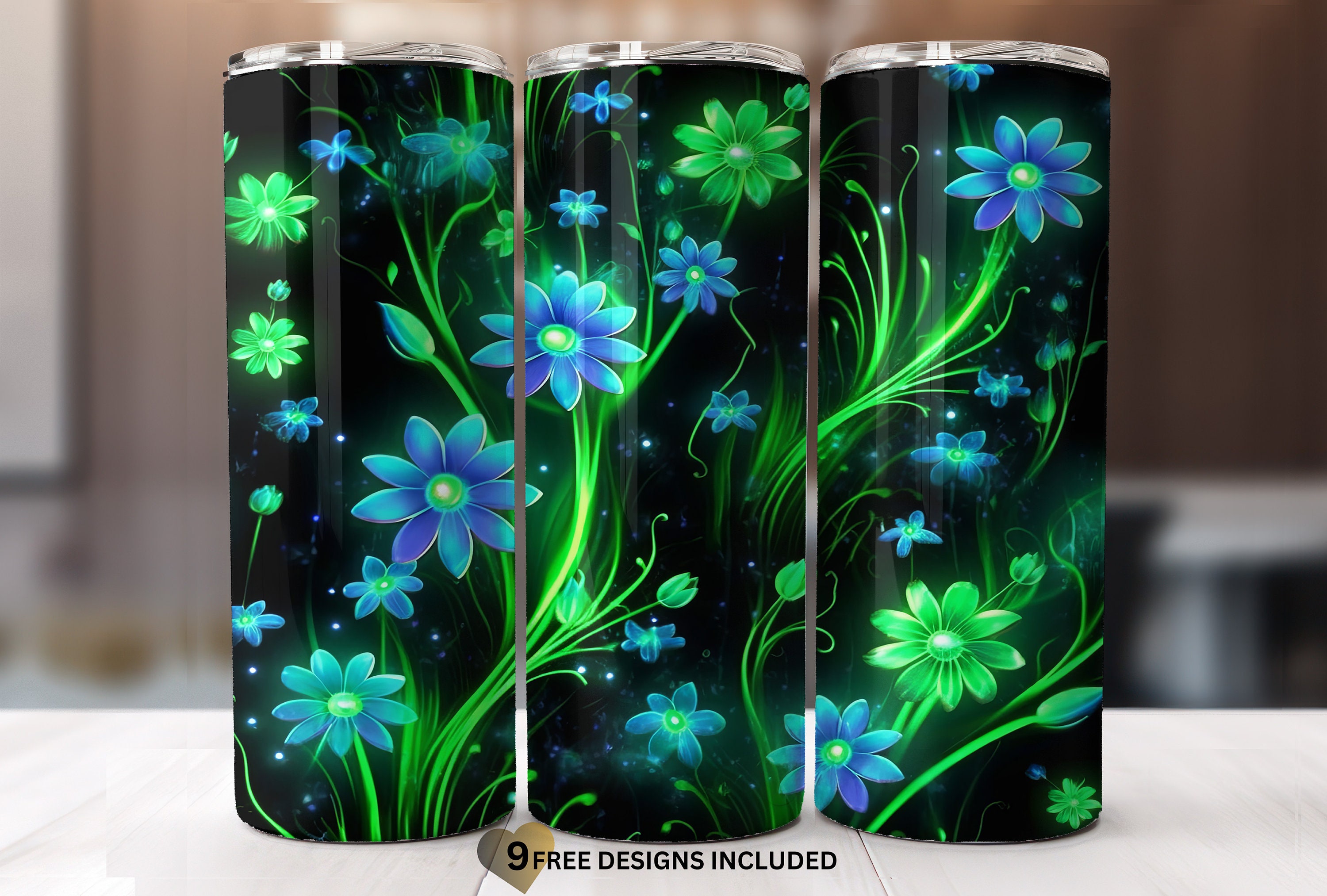 Glowing in the dark flowers image 20oz Skinny Tumbler Sublimation Design Wrap Png-straight-Tapered Design-Instant Digital Download ONLY.
