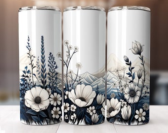 Blue Floral 20oz Skinny Tumbler Sublimation Design Wrap-Digital Download PNG Instant DIGITAL ONLY, Wedding Black and White Flowers tumbler.