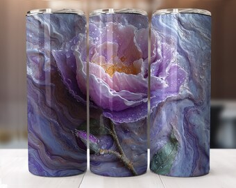 Gotas de agua flores moradas 20oz Skinny Tumbler Sublimation Design Wrap Png-recto-Diseño cónico-Descarga digital instantánea PNG SOLAMENTE.