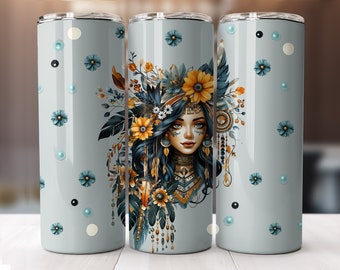 Pretty girl with flowers boho style tumbler wrap, straight pattern & tapered, 20 oz Skinny Tumbler Sublimation Design, Digital Download PNG.