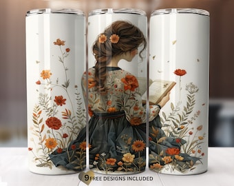 Book reader flowers butterfly tumbler sublimation wrap straight tapered pattern 20oz Skinny Tumbler Sublimation Design-Digital Download PNG.