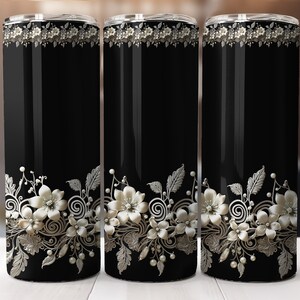 Elegant black 20oz Skinny Tumbler white flowers-crystals design-straight pattern & tapered-Tumbler Sublimation Design-Digital Download PNG.