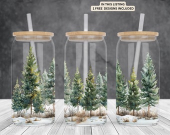 Pine trees forest 16oz glass can sublimation watercolor design-frosted-clear Libbey beer Glass can wrap PNG Digital Instant download.