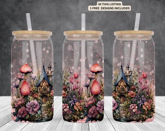 Fairy town-flowers 16oz glass can sublimation design-frosted-clear Libbey beer Glass can wrap- PNG Digital Instant download.