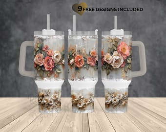 Boho flower painting-romantic floral 40oz Quencher-Tumbler with handle sublimation design Png Wrap-INSTANT DOWNLOAD-straight/tapered Bottom.