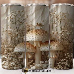 Mushrooms-flowers 20oz skinny sublimation Tumbler Png wrap -straight pattern & tapered-Tumbler Sublimation Design-Digital Download PNG.