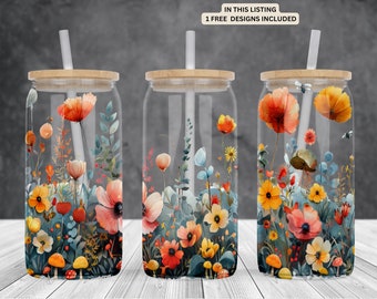 Wildflowers 16oz glass can sublimation watercolor design-frosted-clear Glass can wrap PNG Digital Instant download.