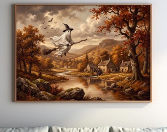 Whimsical Witchy Forest Canvas Wall Art, Witch Ghost Print, Halloween Autumn Art