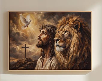 Jesus Lion Dove And Cross Canvas Wall Art, Christian Christ Print, Holy Spirit Poster