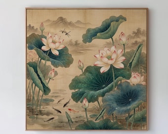 Japanese Lotus Flower Canvas Wall Art, Japandi Print For Office, Nature Painting