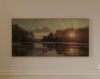 Famous Sunset Over A Forest Lake Panoramic Canvas Wall Art, Coastal Nature Print