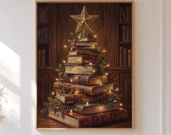 Christmas Tree Made of Books Canvas Wall Art, Reading Nook Decor, Winter Library Print