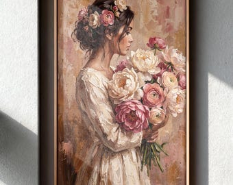 Holding Flower Bouquet Woman Canvas Wall Art, Pink Oil Painting, Feminine Poster