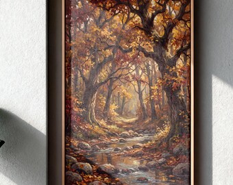 Vintage Fall Forest Canvas Wall Art, Autumn Season Nature Farmhouse Living Room Print