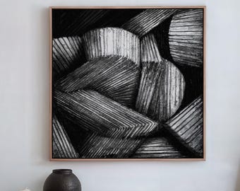 Black And White Abstract Canvas Wall Art, Geometric Monochrome Cubicle Lines Print