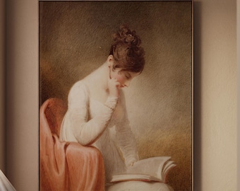 Woman Reading Book Canvas Wall Art,  Famous William Wood Print, Vintage Book Lover Gift